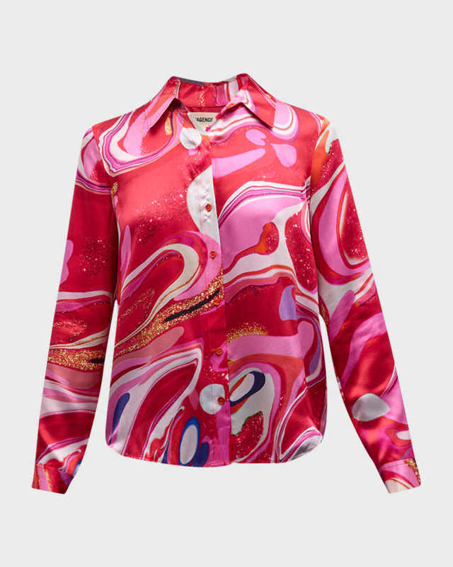 Multi Tie-Dye Swirl Tyler Button-Front Silk Blous